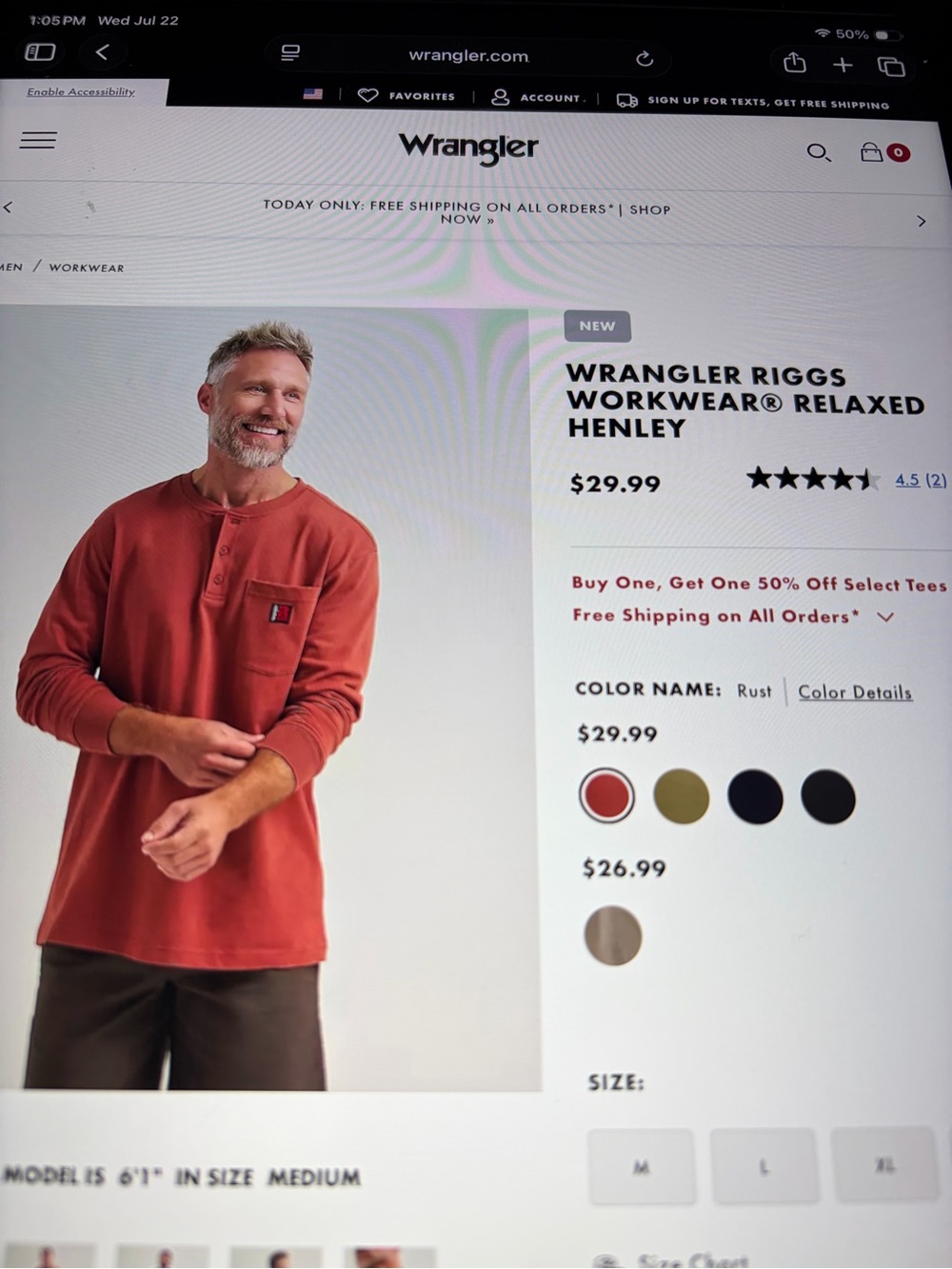 Wrangler Riggs Workwear Relaxed Henley - Rust Red size XXL